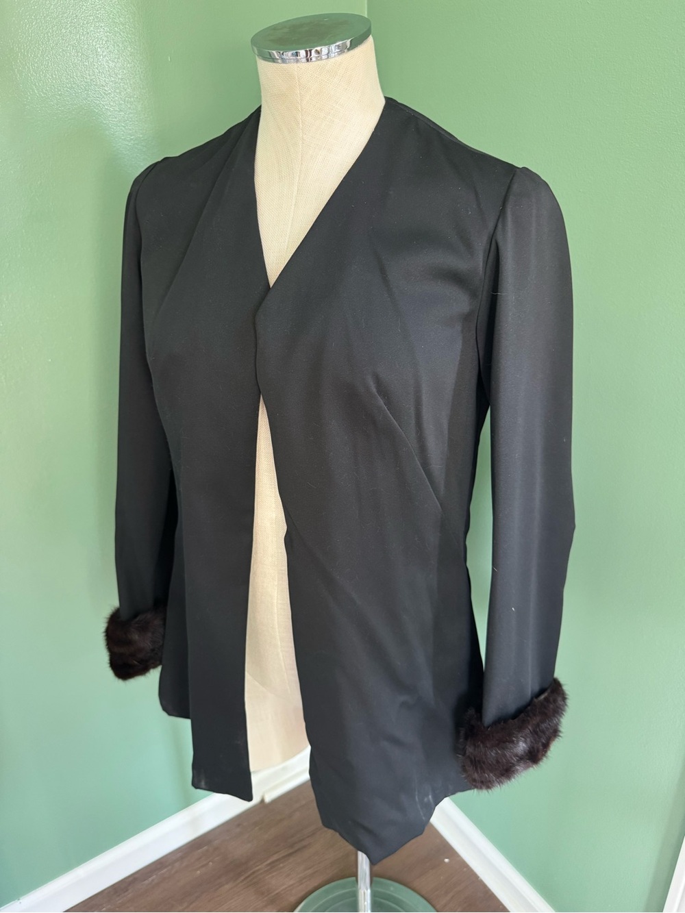 Vintage Black Women's Open Front Jacket with Fur Cuffs